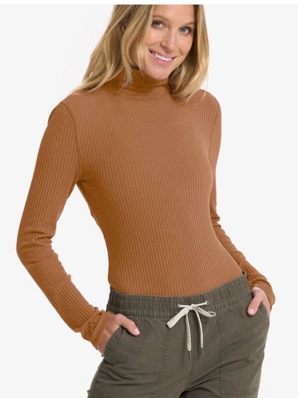 Vuori Bleeker Ribbed Long Sleeve Bodysuit Caramel Brown Size Medium